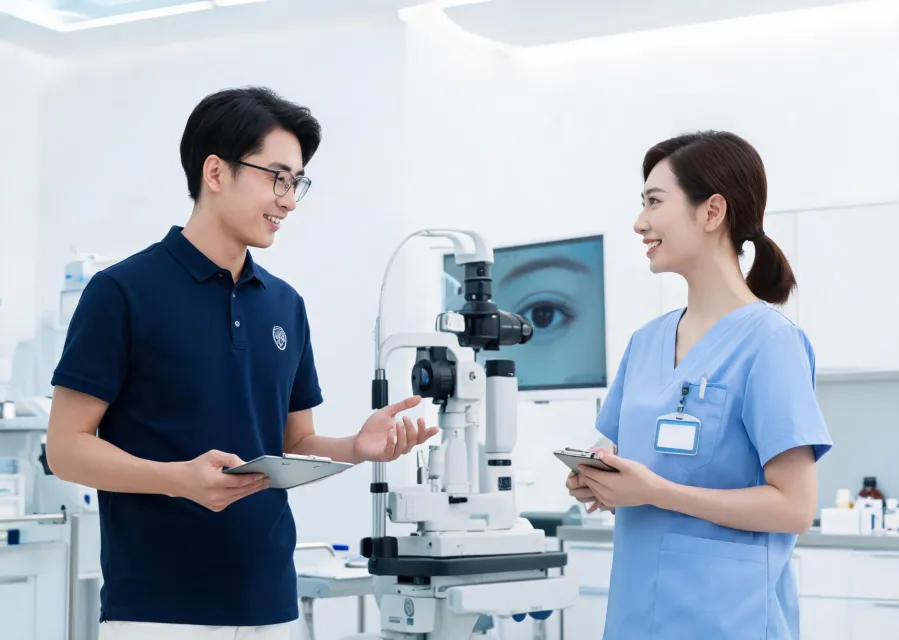 Clinical engineer advising facility manager on Topcon service plan